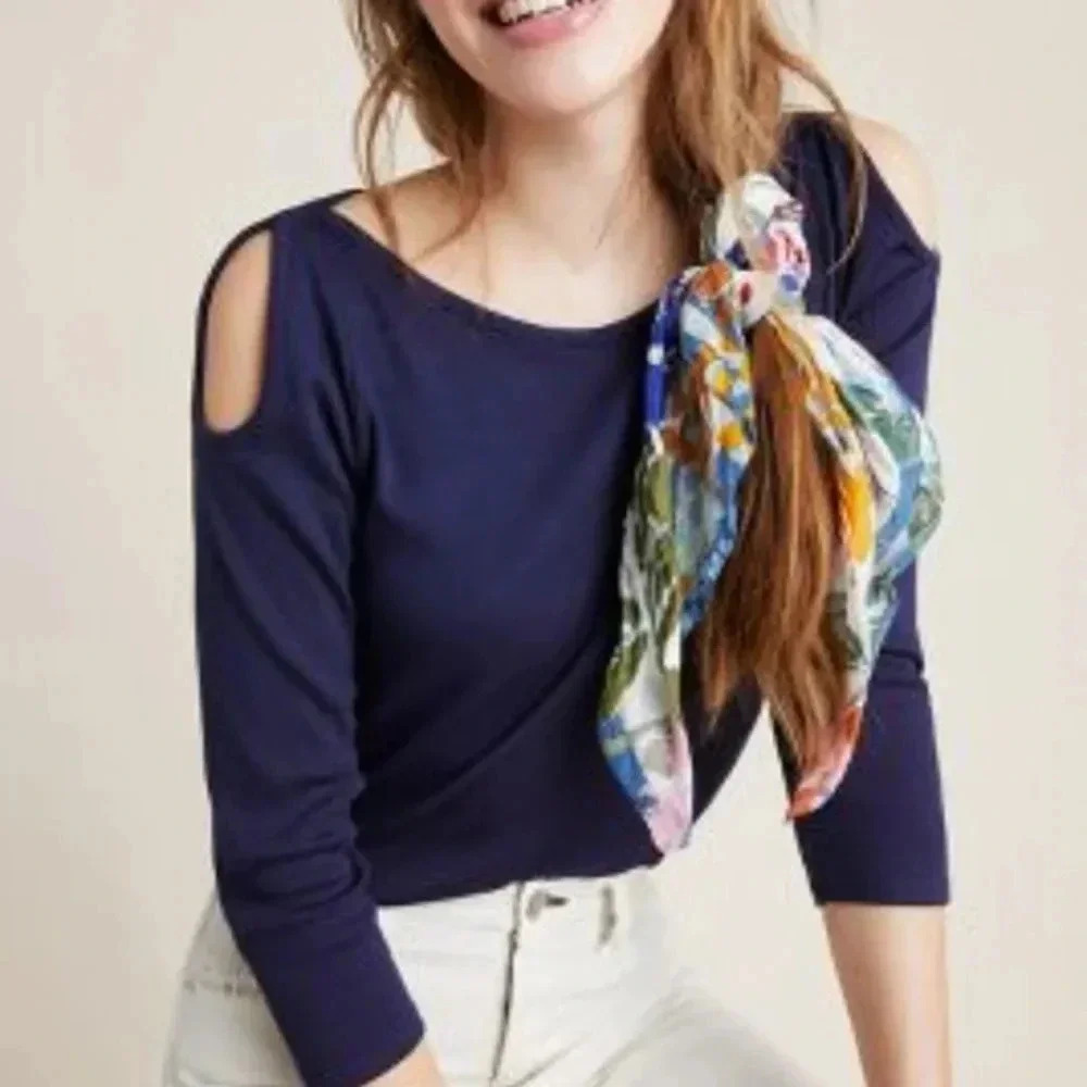 NWT new Anthropologie Jane ribbed top cold shoulder m medium modal cotton blue
